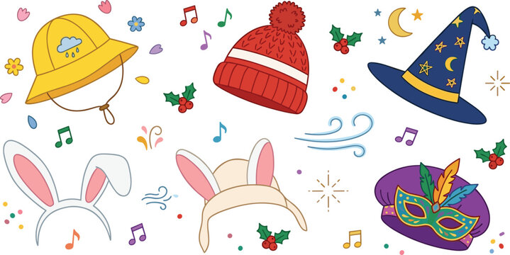 Cute holiday and party hats vector doodle illustration set featuring fun celebration headwear icons like rain hat winter beanie wizard cap bunny ears headband and carnival mask