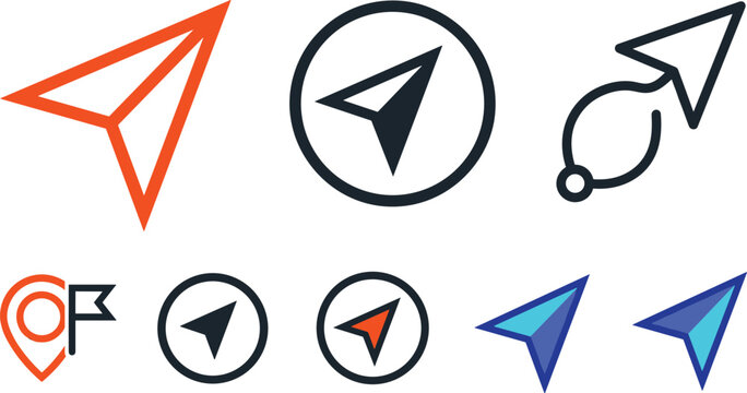 Paper airplane navigation cursor icon set for map pin location flag tracking pointer compass direction vector