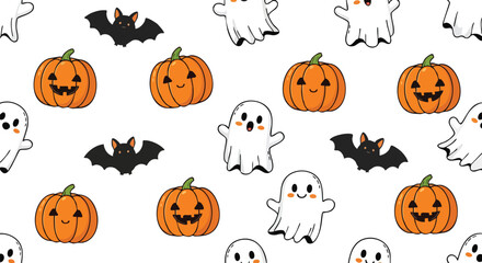 Fototapeta premium Modern Seamless Halloween Pattern With Orange Pumpkins Tiny Black Bats and Friendly White Ghosts on a Crisp White Background