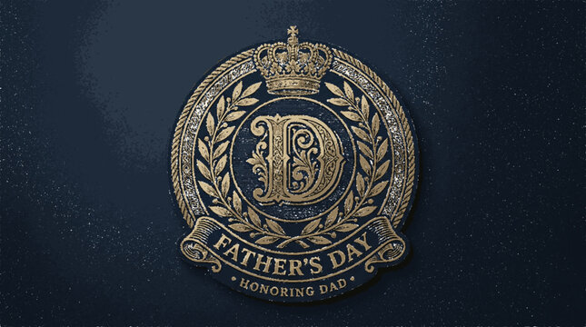 Elegant vintage father's day emblem with gold letter d monogram and royal crown motif on dark blue textured background design