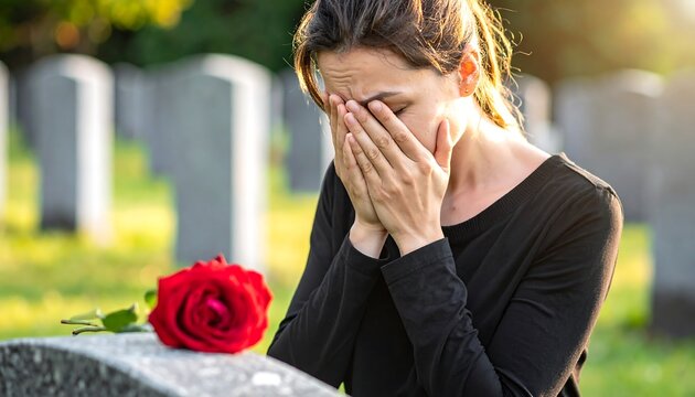 Woman grieving at cemetery rose on tombstone emotional bereavement scene
