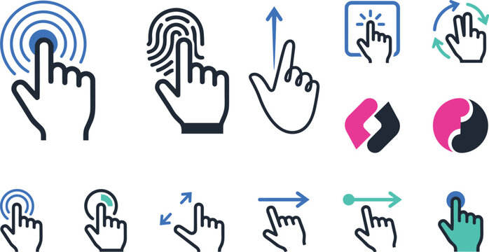 Touch screen hand gesture icon set for mobile device interface clicking scrolling swiping tapping fingerprint recognition vector