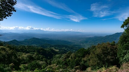 Obraz premium A vast panoramic view of a bright blue sky filled with scattered white clouds above distant landscapes