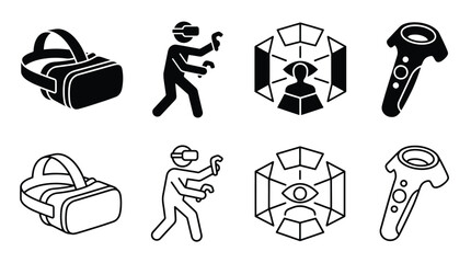 Virtual reality icons set vr headset, person wearing vr glasses with controllers, immersive experience, and motion controller vector illustration © Hikari Vector Studio