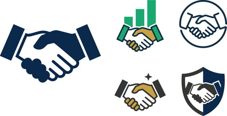 Fototapeta premium Business handshake partnership vector icon set featuring deal agreement shaking hands growth graph and protective shield elements