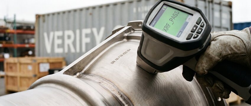 Handheld XRF analyzer testing metal component for quality control verification during industrial inspection in shipping yard warehouse, showing positive alloy identification pass result on screen.
