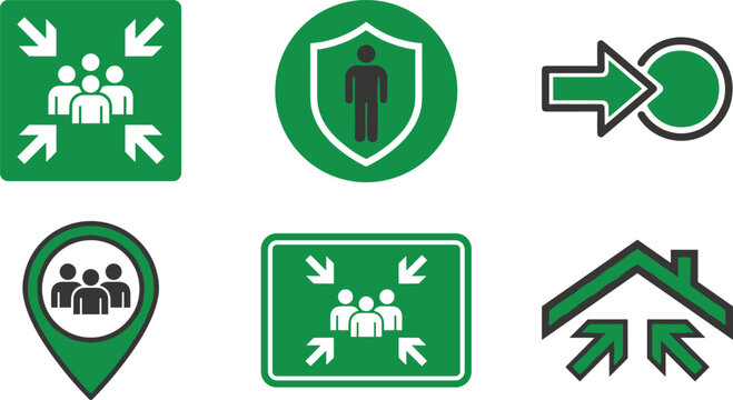 Emergency evacuation assembly point vector icon set featuring gather arrows safe zone pin shield and shelter elements