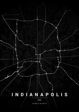 Modern Indianapolis City Map Poster Design, Noir Style Urban Street Grid Cartography