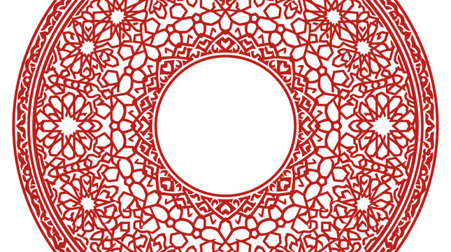 Islamic mandala vector ornament, red geometric arabesque circular frame, traditional middle eastern pattern for ramadan and wedding invitations