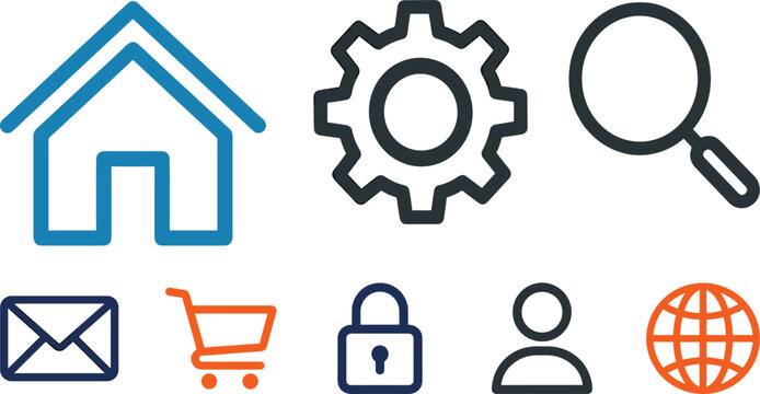 Web interface navigation vector icon set featuring home gear search mail shopping cart padlock and profile elements