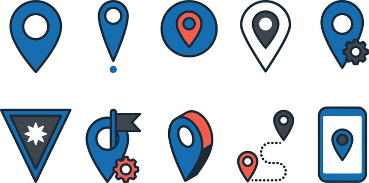 Map pin location pointer vector icon set featuring gps markers route tracking gears flag and smartphone navigation