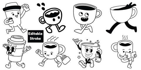 Fototapeta premium Retro Cartoon Walking Coffee Cup Character Vector Set - Editable Stroke.