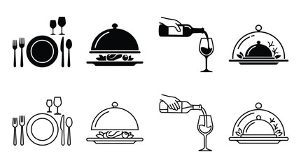 Fototapeta premium Set of restaurant icons, including table setting, food service, wine pouring, and cloche covered dish, vector illustration
