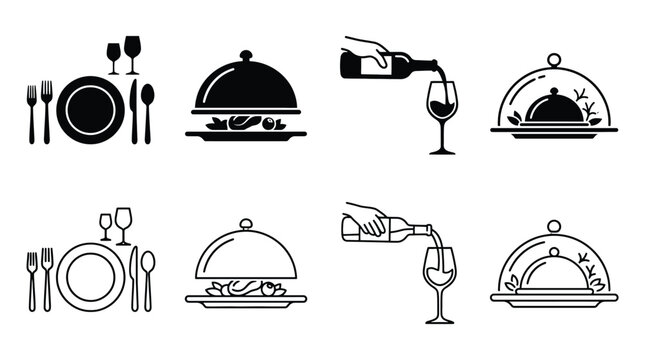 Set of restaurant icons, including table setting, food service, wine pouring, and cloche covered dish, vector illustration