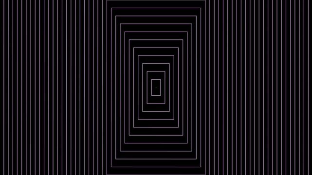 Geometric Optical Illusion Animation with Repeating Rectangular Frames Forming Endless Tunnel Perspective, High Contrast Op Art Background for Motion Graphics, Music Visualizers, VJ Loops, Digital Wal