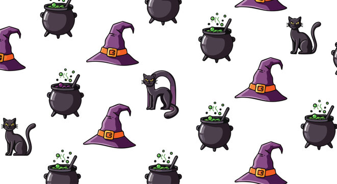 Seamless Halloween Pattern Featuring Spooky Purple Cauldrons Magical Witch Hats and Black Cat Icons on White Background