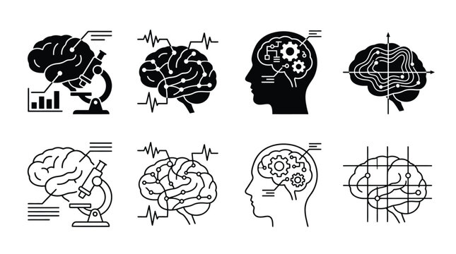Set of brain research and analysis icons, including neuroscience, brain mapping, cognitive study, and neural network analysis, vector illustration