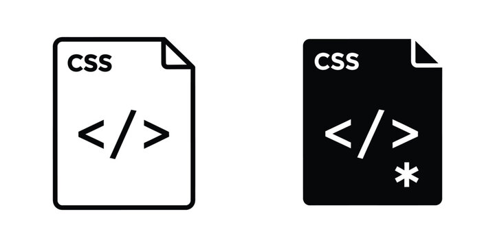 CSS file icon with code symbol in white and black flat design on a simple background