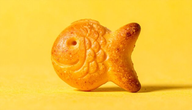 Single Fish-Shaped Cheddar Cracker Close-Up on Vibrant Yellow Background