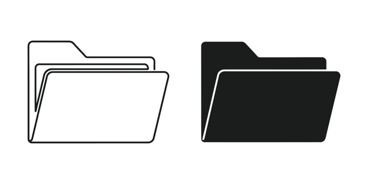 Open folder icon with documents inside and closed folder silhouette on white background for organization concept