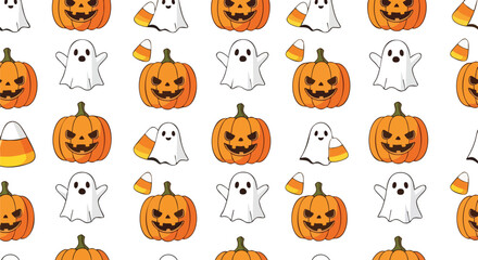Fototapeta premium Seamless Halloween Pattern With Smiling Orange Pumpkins Friendly White Ghosts and Sweet Candy Corn on White Background