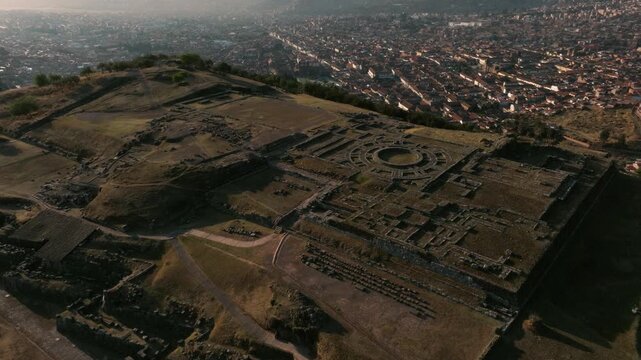 Drone view of Sacsayhuam&aacute;n, an ancient Inca archaeological site overlooking Cusco. Massive stone walls showcase the engineering skills of the Inca civilization.