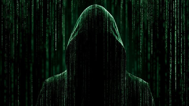 A mysterious hooded figure surrounded by green code in a dark environment