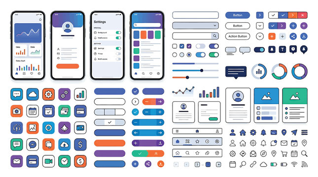 Mobile app ui kit with dashboard screens, settings interface, navigation bars, buttons, icons, and data visualization elements