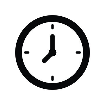Clock icon in black silhouette. Simple wall clock or watch symbol showing eight o'clock for time management, schedule, deadline, and reminder concepts.
