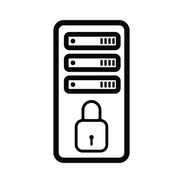 Secure server line icon. Database rack with padlock symbol for cyber security, cloud data protection, hosting safety, and private network storage.