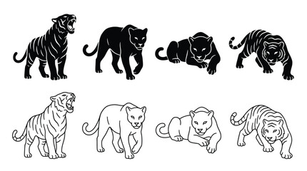 Set of tiger and panther silhouettes, black and white vector illustrations of wild cats in various poses © Hikari Vector Studio