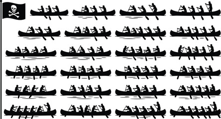 Pirate Canoe Rowing Team Silhouette Collection with Paddlers Adventure Race and Water Sports Icons © MSTRUMANA