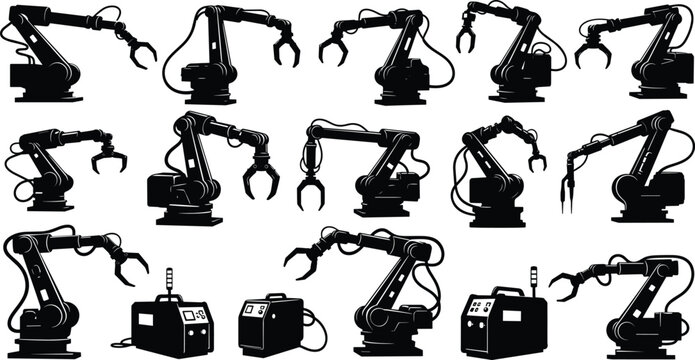 Industrial Robotic Arm Vector Icon Set with Mechanical Arms Automation Grippers Welding Machines and Factory Manufacturing Silhouettes