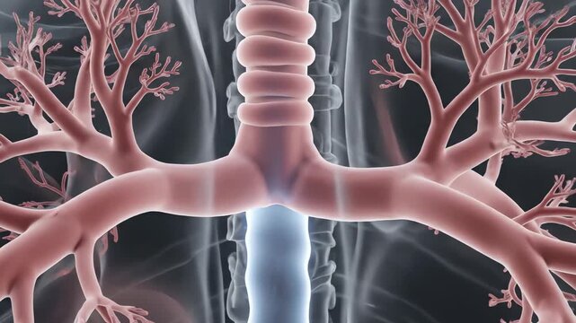 The human lungs and trachea are visible in a medical illustration with bronchi and bronchioles branching out.