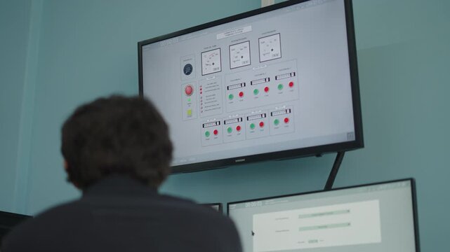 Monitor con software de control y supervisi&oacute;n industrial mostrando diagramas el&eacute;ctricos, paneles digitales, botones, indicadores, automatizaci&oacute;n, ingenier&iacute;a y monitoreo de procesos