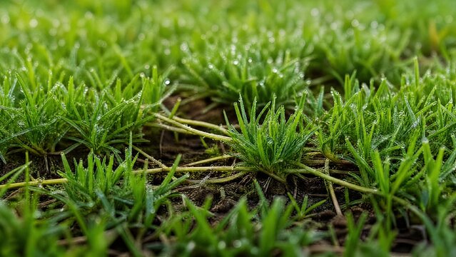 Lush green lawn with stolon network connecting grass clusters, morning dew.