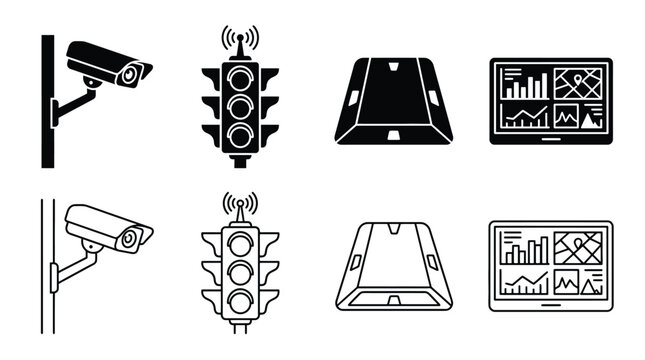 Smart city infrastructure icons set, including surveillance camera, traffic light, road stud and data dashboard, vector illustration