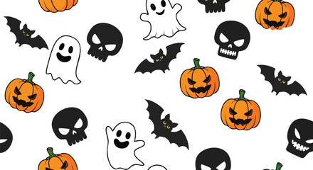 Fototapeta premium Seamless Pattern of Black Skulls and Orange Pumpkins With Playful Spooky Characters Over Clean White Background