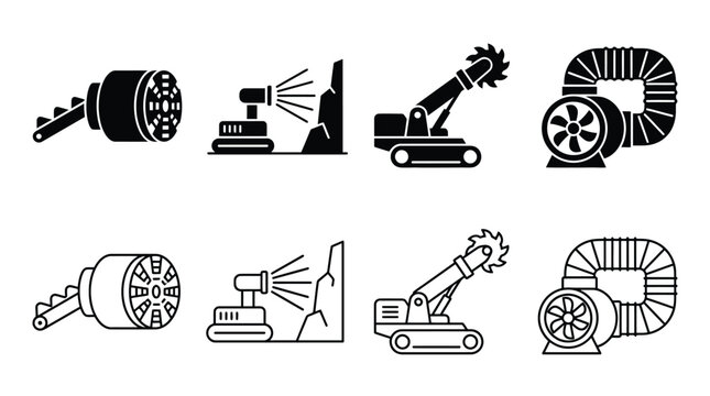 Mining equipment icons set, vector illustration collection of heavy machinery for underground tunnel construction, drilling, excavation, and ventilation