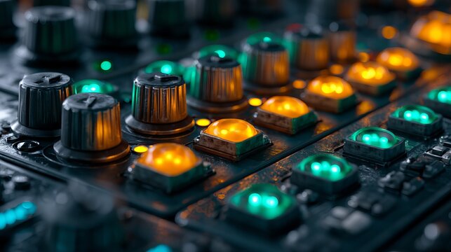 A close-up view of a soundboard with colorful buttons and knobs illuminated in a dark room