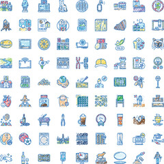 Multi colored hand drawn sketchy line icons representing a diverse collection of objects, symbols, and concepts for various industries, applications, and general themes on a white background © vectorwin