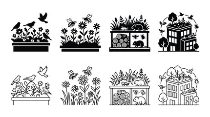 Set of icons representing urban biodiversity, green roofs, insect hotels, and wildlife habitats in cities, vector illustration © Hikari Vector Studio