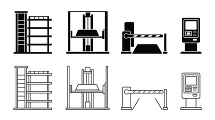Parking system icons set, solid and outline style parking building, car elevator, barrier gate, and payment terminal vector illustration © Hikari Vector Studio