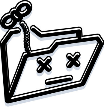 Depicting a deceased file folder icon with a wind up key and chain attached, the image symbolizes concepts of deletion, error, system failure, data loss, and an unresponsive or expired digital file