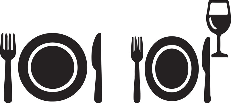 Simple black and white table setting icons with plates utensils and wine glass