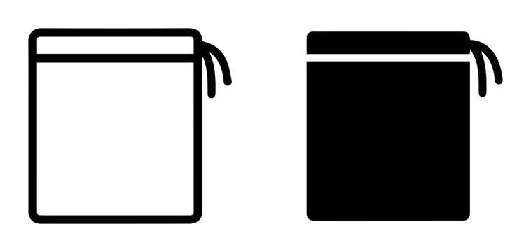 Drawstring Pouch Icons, White Outline and Black Silhouette, Vector Graphics for Storage and Packaging