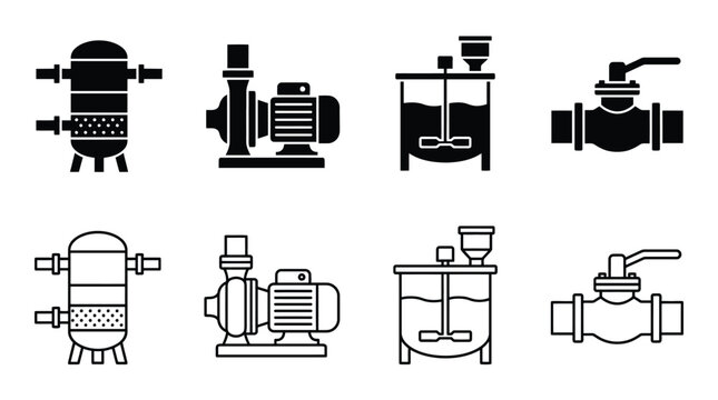 Industrial equipment icons set, including water filter, pump, mixing tank and ball valve, vector illustration