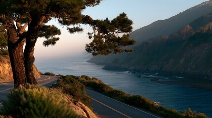 Obraz premium Golden hour light filters through the trees framing a winding coastal road and majestic mountains