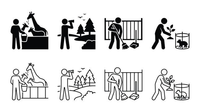 Zoo keeper icons set, vector illustration people working in the zoo, feeding animals, cleaning, wildlife observation and planting trees