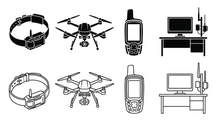 Set of icons with tracking and monitoring technology, including gps collars, drones, handheld gps devices, and computer monitoring stations © Hikari Vector Studio